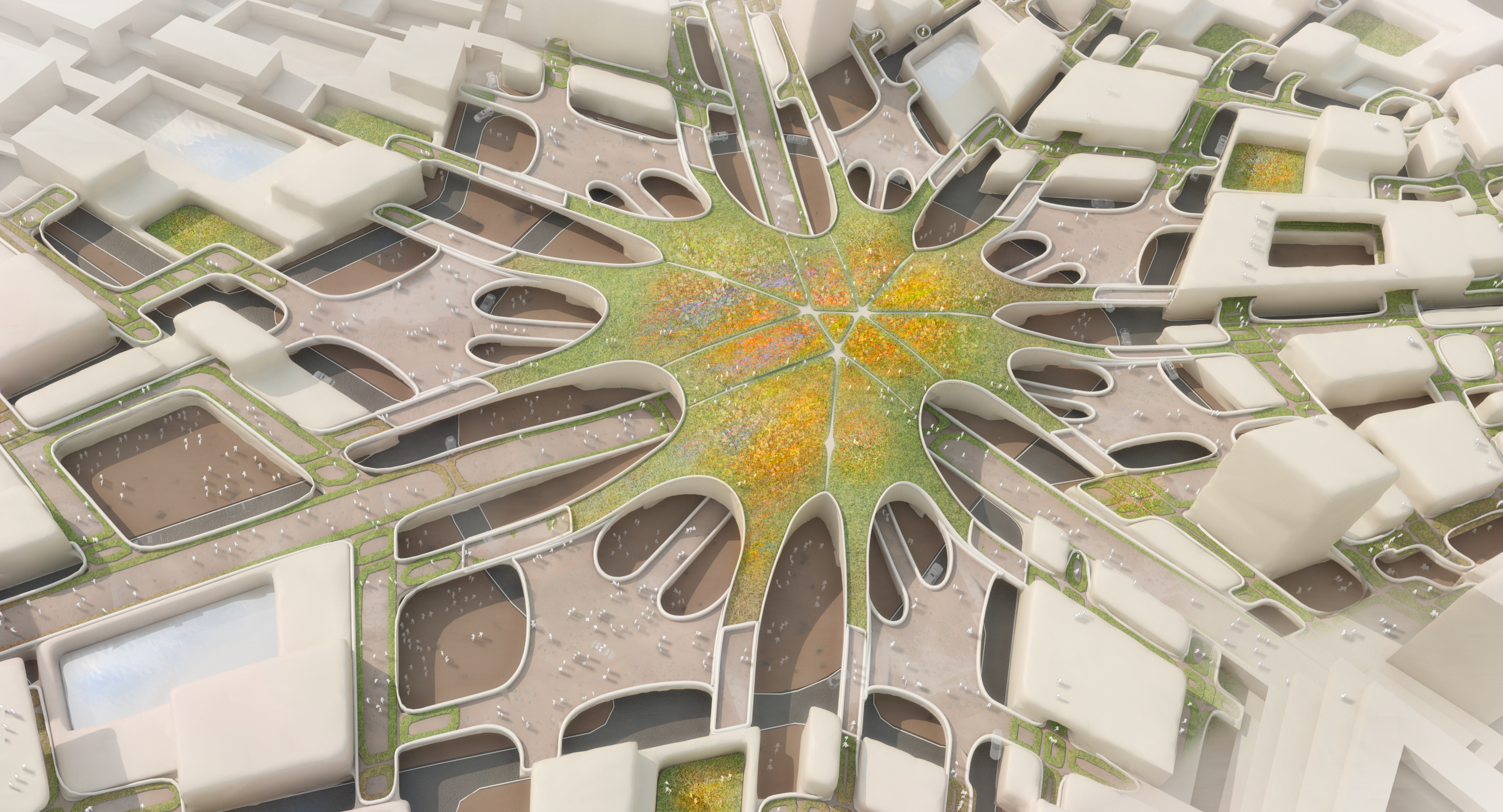 Urban Nucleus -- At the center of the urban fabric is a large planted surface covering a waste treatment plant